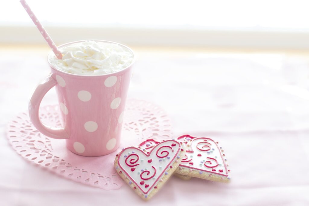 heart cookies and cocoa in a mug as fun february activity